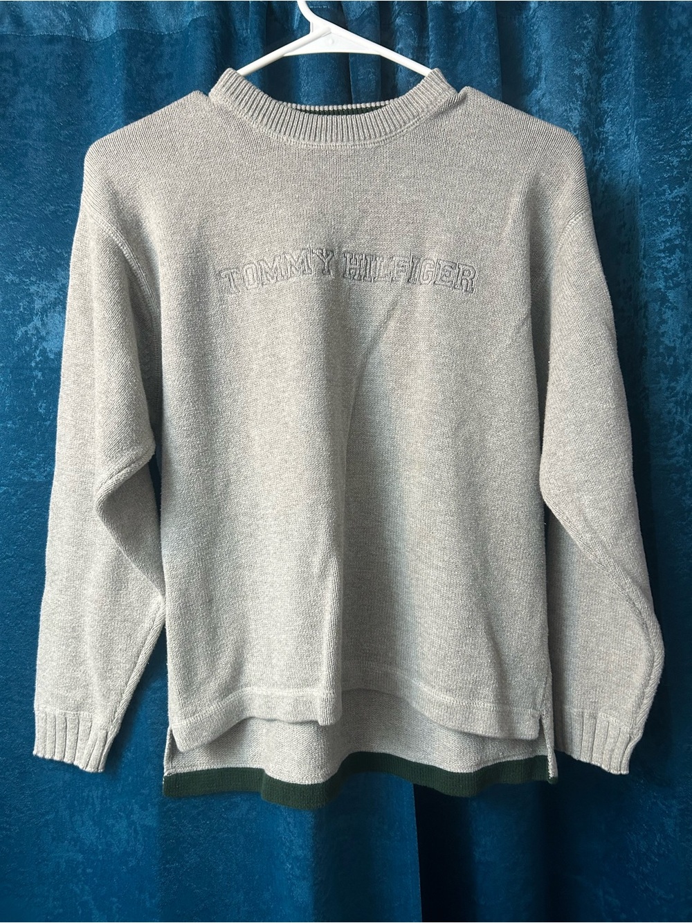 Tommy Hilfiger Men’s Light Gray Crewneck Sweater with Dark Green Hem